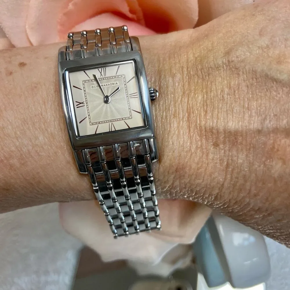 BCBGMaxAzria Stainless Steel Tank Style Dress Watch Roman Numerals